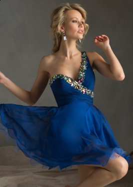 Chic One Shoulder Sparkly Blue A-Line Short Prom Dresses